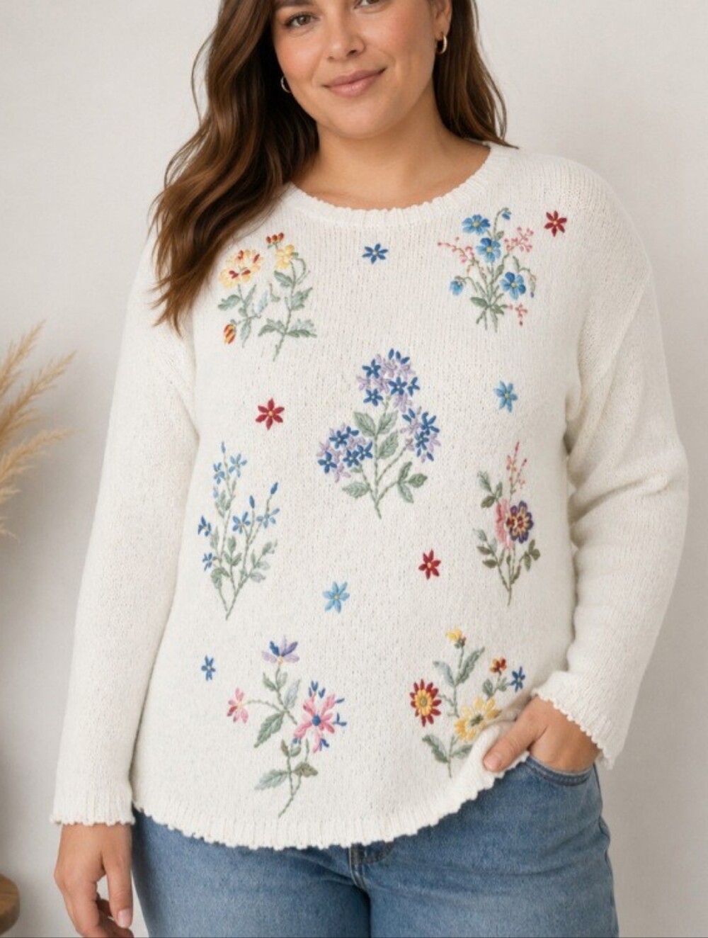 Vintage Salon Studio Cream Floral Embroidered Knit Sweater